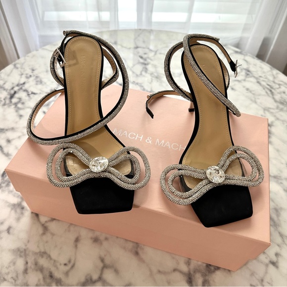 Mach and Mach Double Bow crystal-embellished satin heeled sandals BLACK - Picture 2 of 6